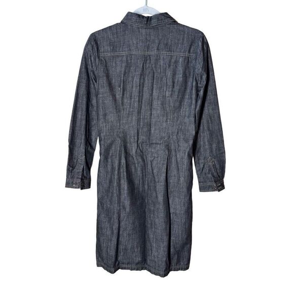 Boden Denim Shirt Dress in Black Wash Red Velvet Trim Half Button Front 8R - Picture 2 of 13